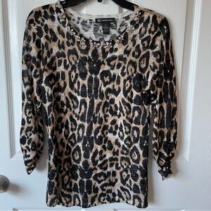 Women’s INC Lightweight Leopard Sweater Top-Rhinestone Appliqués, Ruched Sleeves